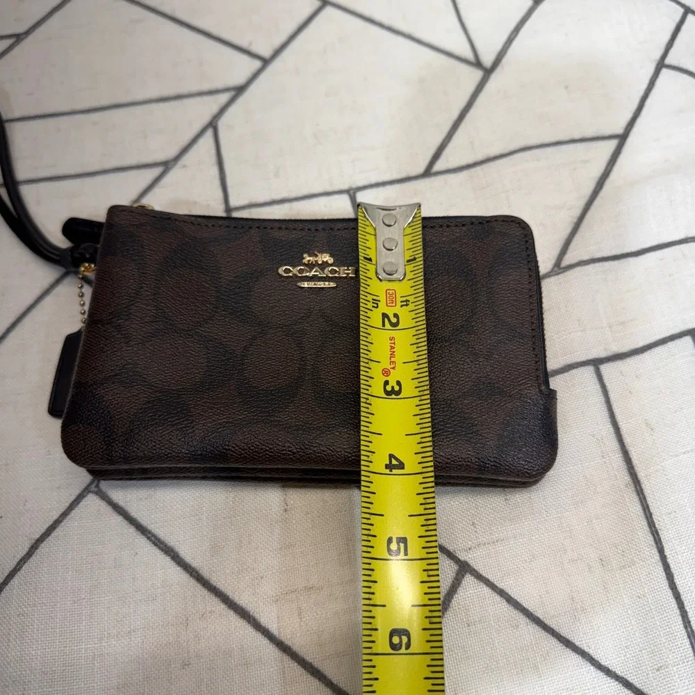 Coach Double Zip Wristlet Small Brown Signature Canvas Monogram Clutch